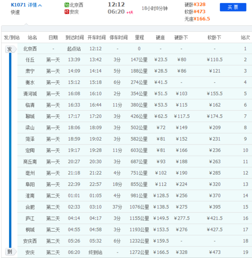 1071次列车停靠站点?K1071次北京西到宿松多少钱-图2 1071次列车停靠站点?K1071次北京西到宿松多少钱-图2
